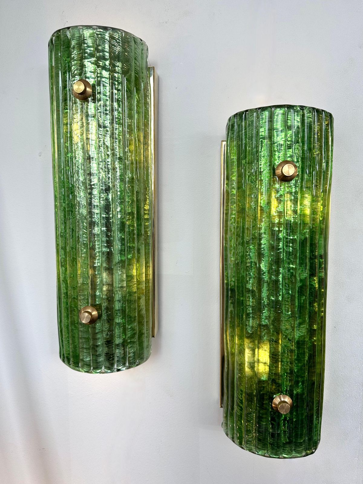 Contemporary Pair Of Brass And Green Murano Glass Sconces, Italy photo for sale