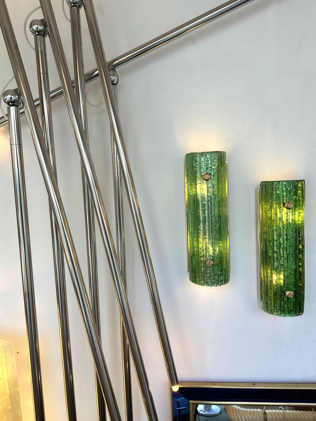 Contemporary Pair Of Brass And Green Murano Glass Sconces, Italy photo vinterior