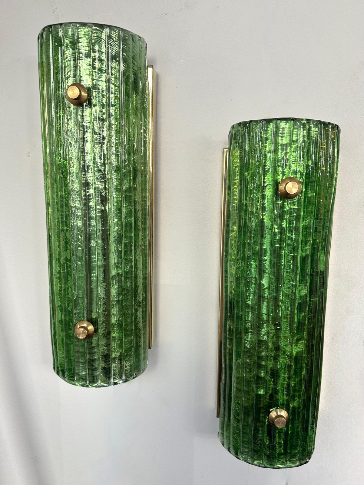 photo for sale Contemporary Pair Of Brass And Green Murano Glass Sconces, Italy