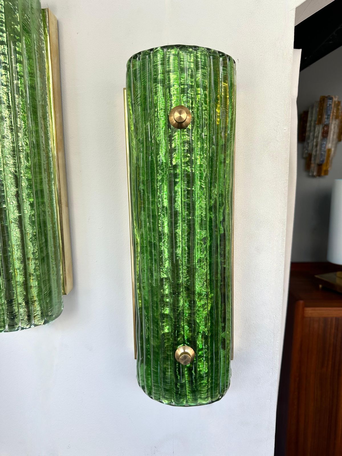 Lighting Contemporary Pair Of Brass And Green Murano Glass Sconces, Italy photo