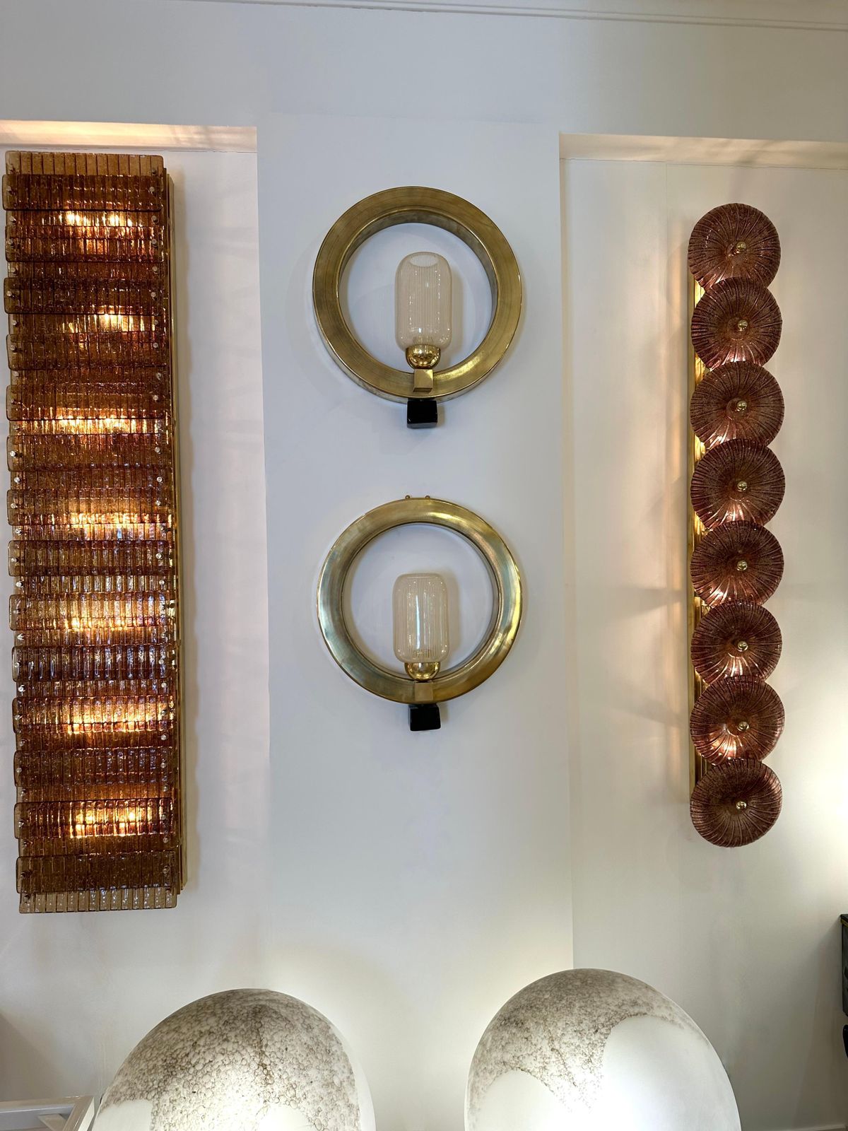 3421.0 Contemporary Pair Of Circle Brass And Murano Glass Sconces, Italy photo