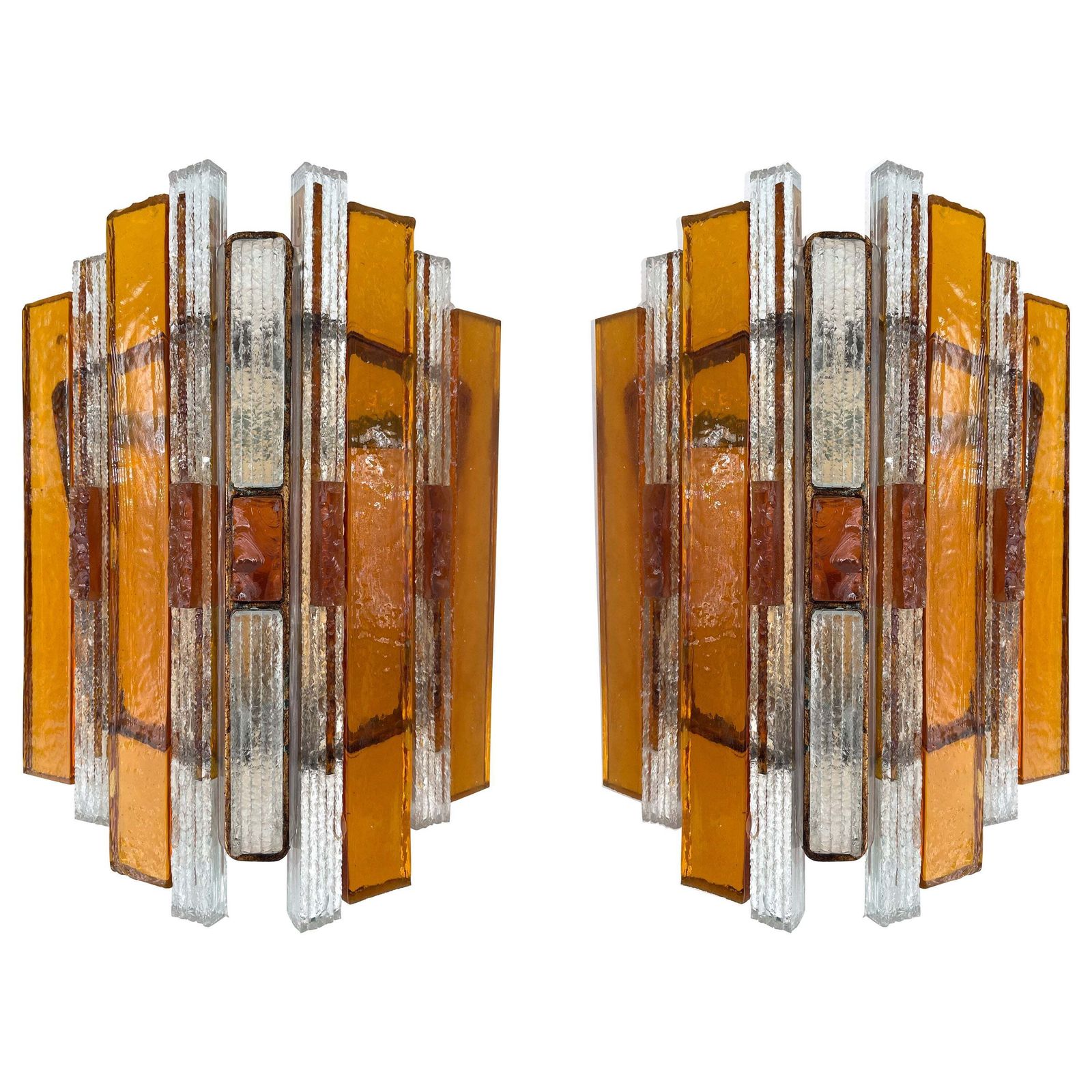 Pair Of Hammered Glass Wrought Iron Sconces By Longobard, Italy, 1970s