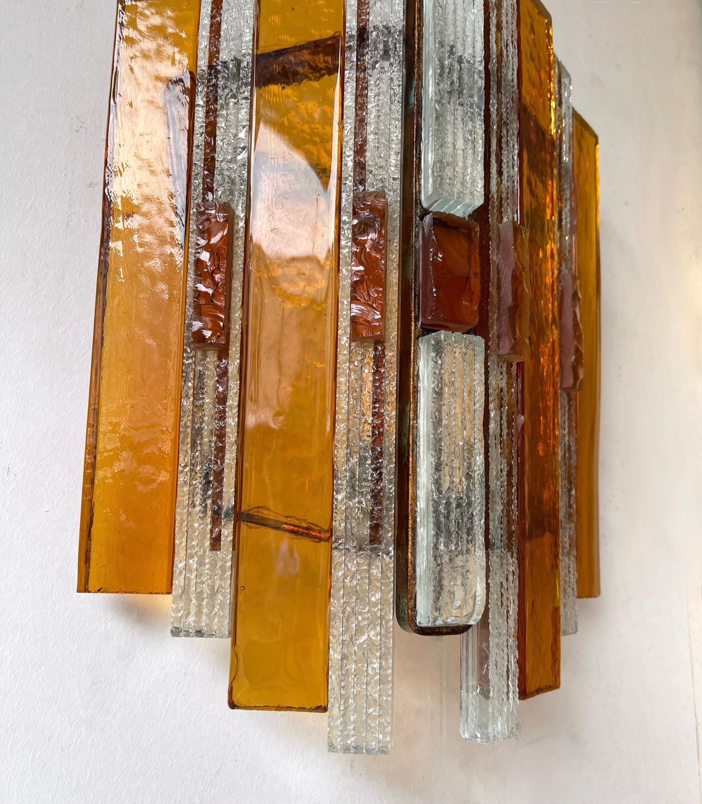 Pair Of Hammered Glass Wrought Iron Sconces By Longobard, Italy, 1970s photo for sale
