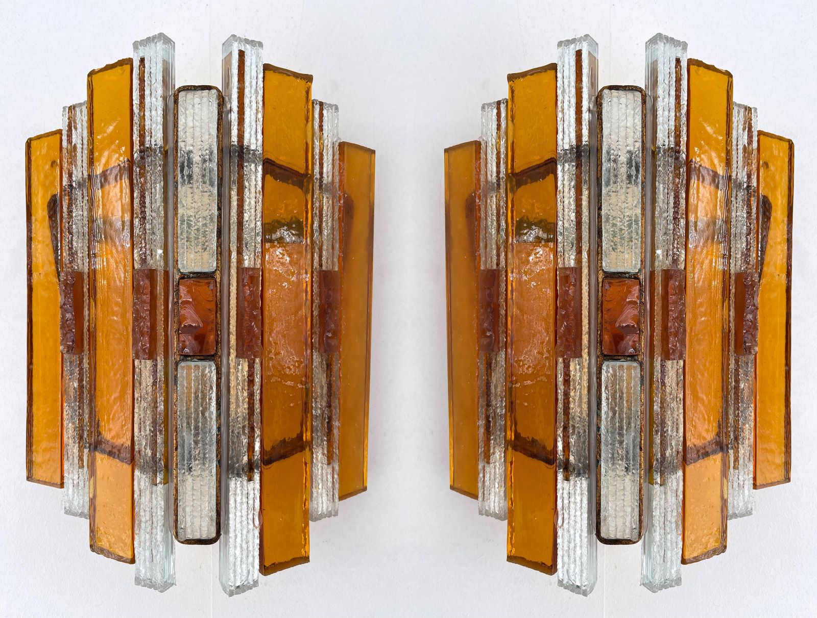 Pair Of Hammered Glass Wrought Iron Sconces By Longobard, Italy, 1970s photo Lighting