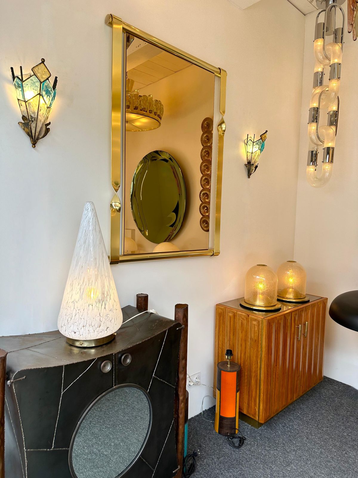 Lighting Pair Of Hammered Glass Wrought Iron Sconces By Longobard, Italy, 1970s photo