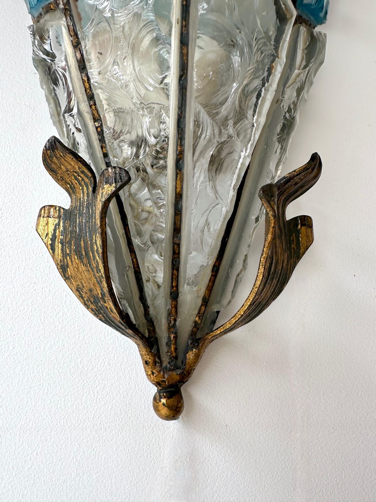 3592.0 Pair Of Hammered Glass Wrought Iron Sconces By Longobard, Italy, 1970s photo