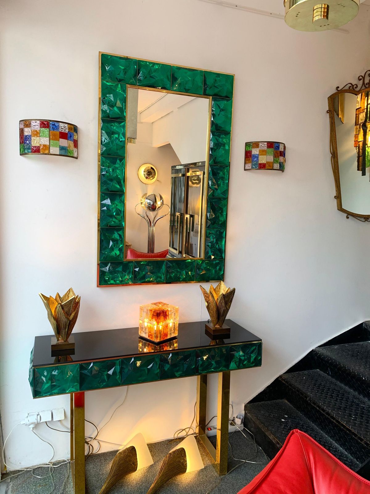photo for sale Pair Of Glass And Gilt Iron Checkerboard Sconces By Longobard, Italy, 1970s