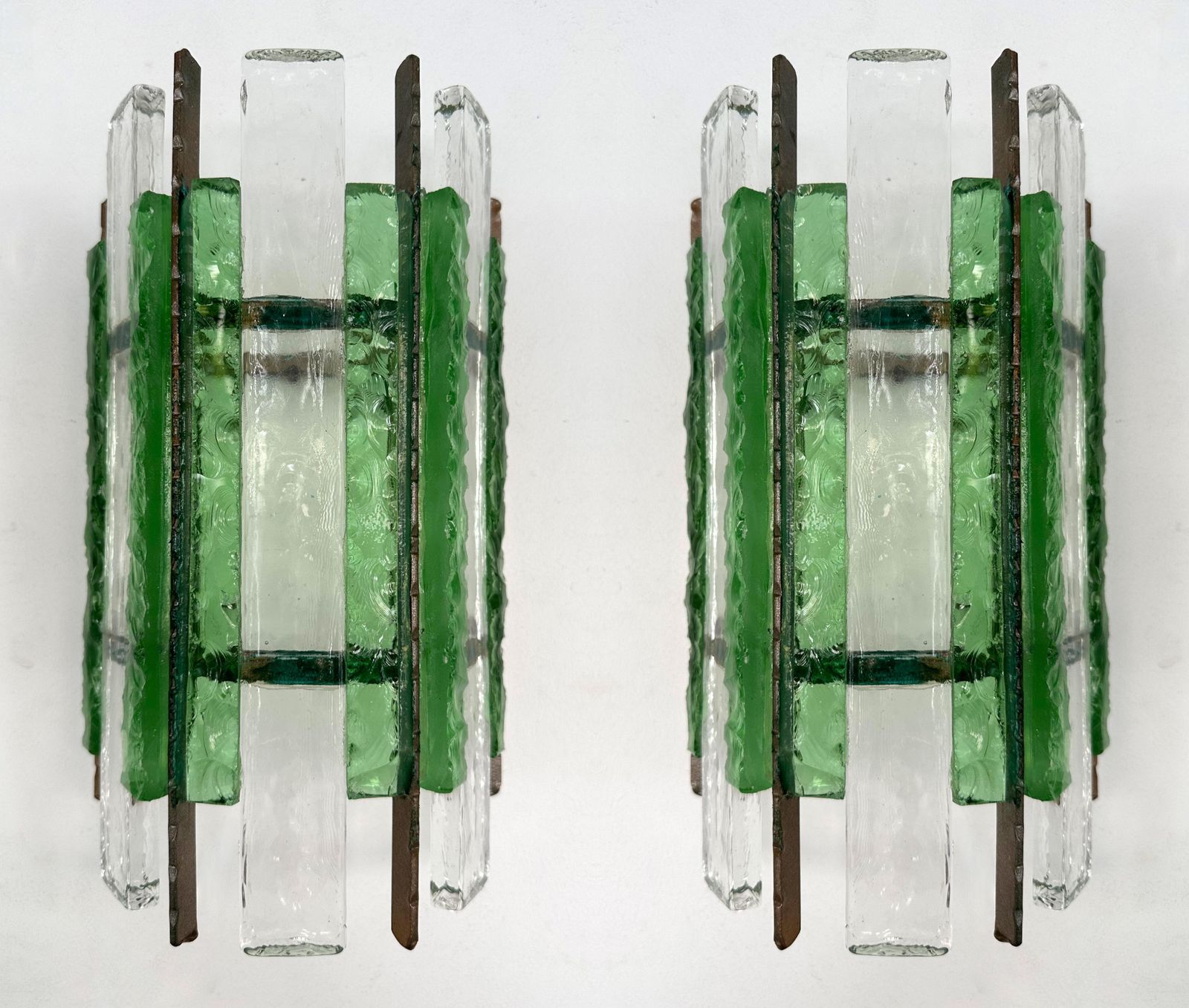 Pair Of Hammered Glass Wrought Iron Sconces By Longobard, Italy, 1970s photo 3592.0
