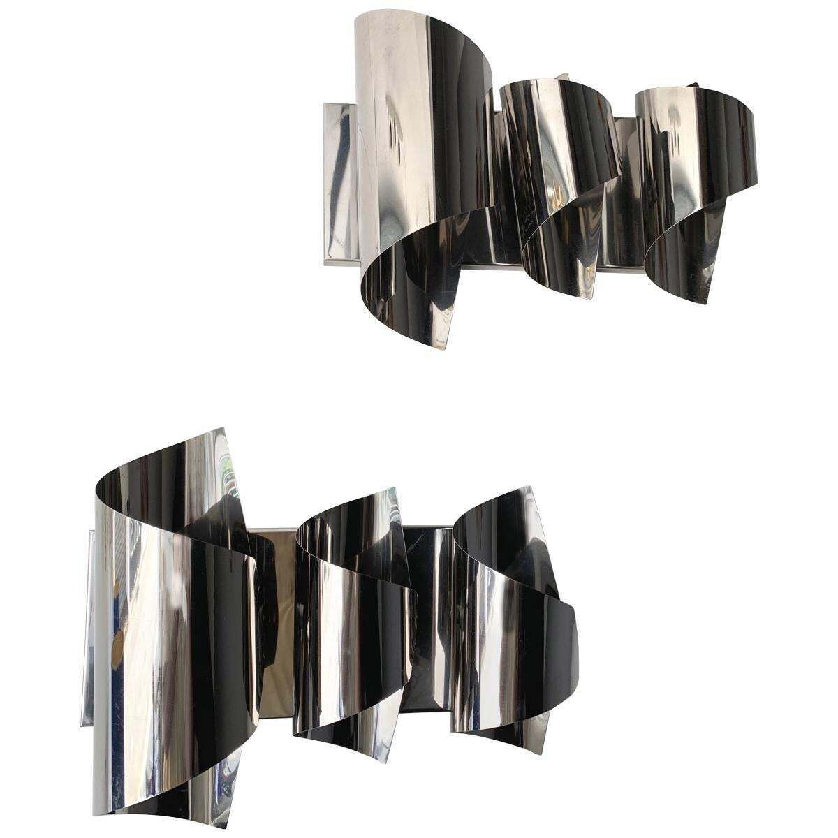 Pair Of Spiral Metal Chrome Sconces By Reggiani. Italy, 1970s