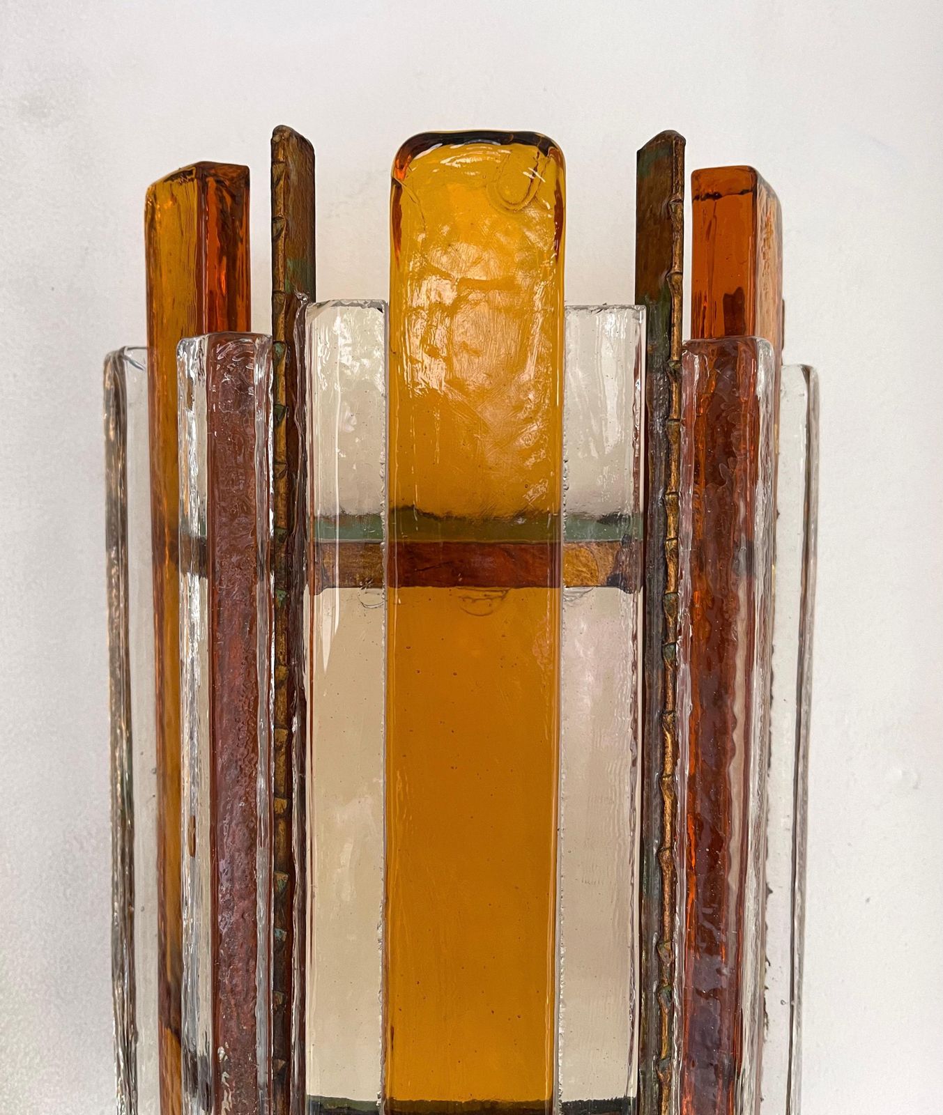 Lighting Pair Of Hammered Glass Wrought Iron Sconces By Longobard, Italy, 1970s photo