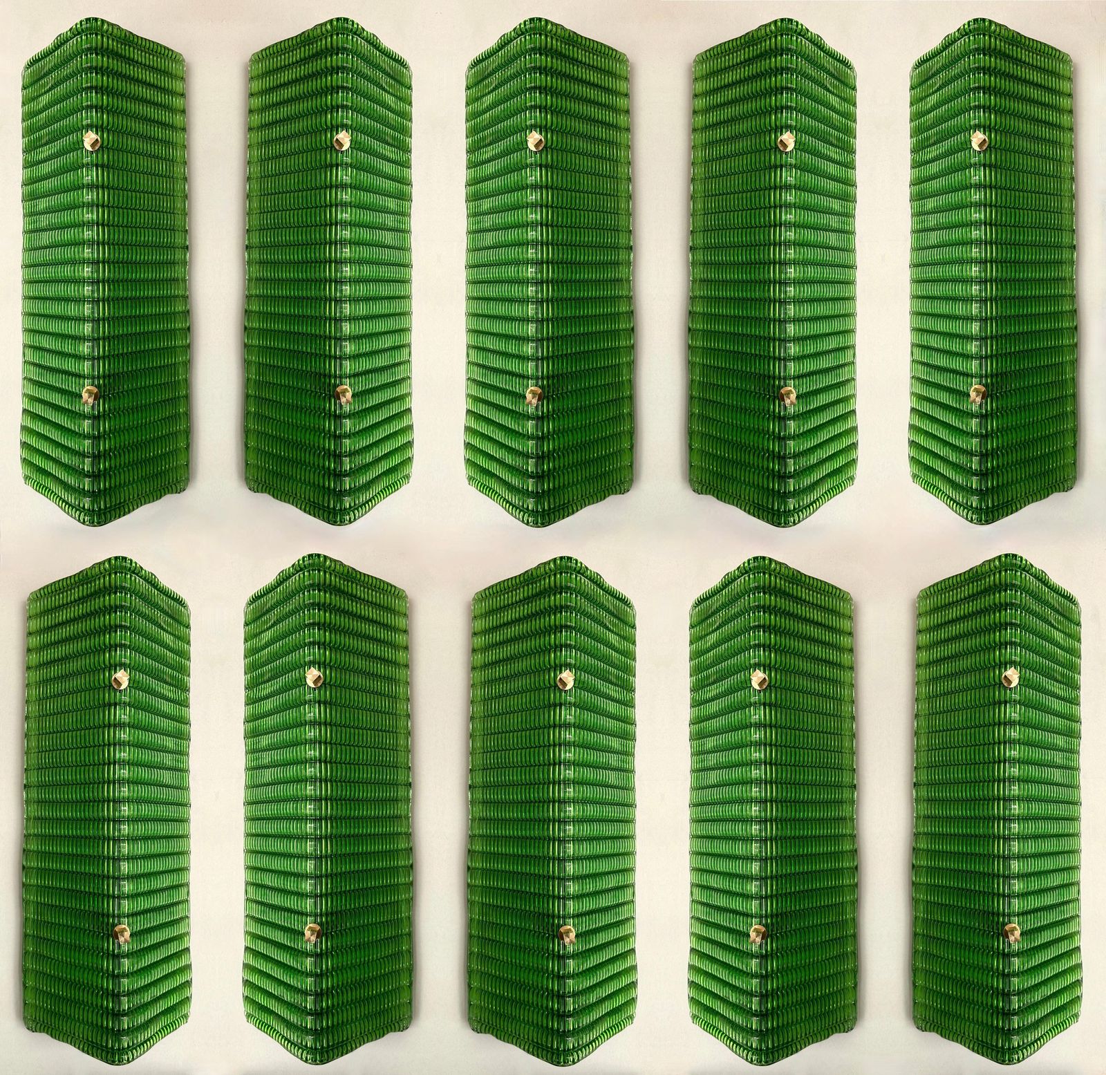 Contemporary Pair Of Brass And Green Folded Leaf Murano Glass Sconces, Italy photo furniture