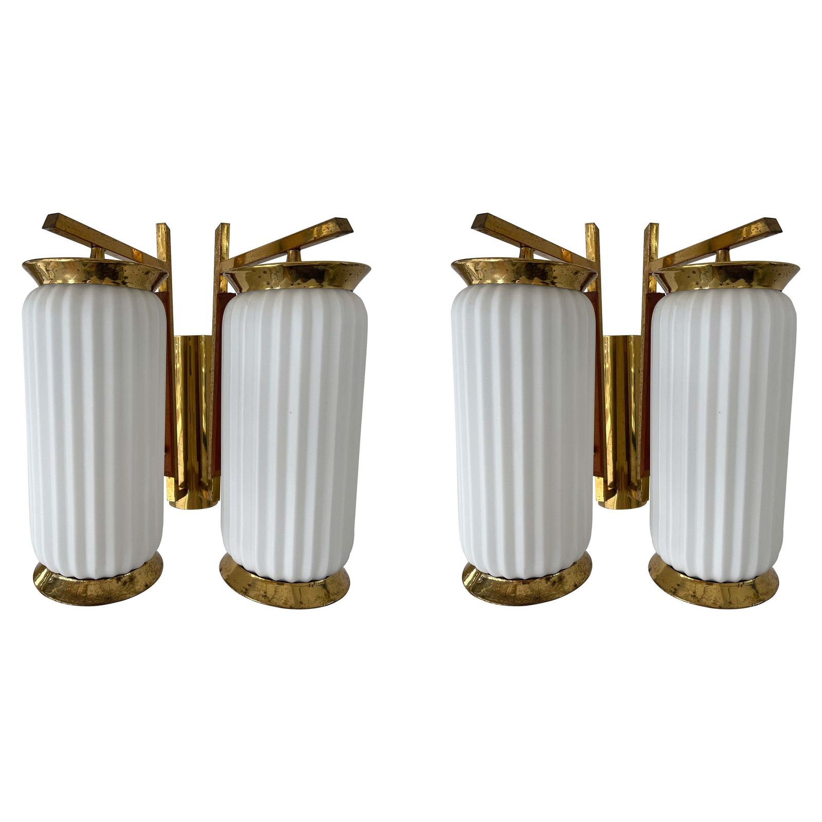 Mid Century Modern Pair Of Brass And Opaline Glass Barrel Sconces, Italy, 1950s