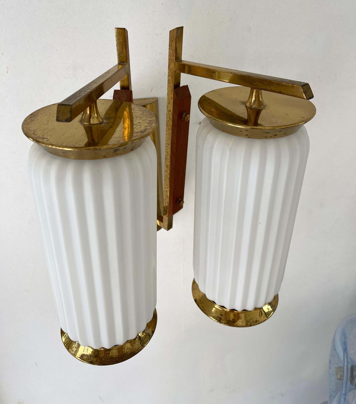 Mid Century Modern Pair Of Brass And Opaline Glass Barrel Sconces, Italy, 1950s photo for sale
