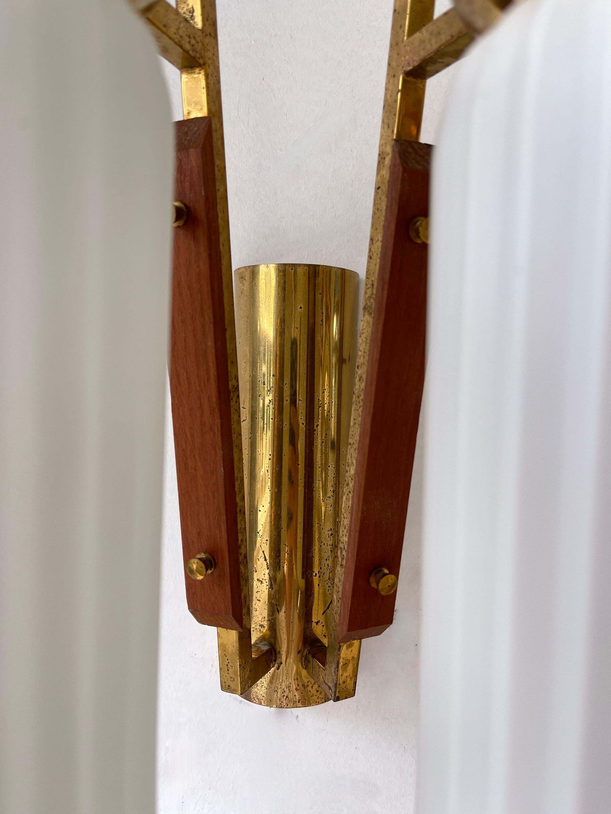 Mid Century Modern Pair Of Brass And Opaline Glass Barrel Sconces, Italy, 1950s photo buy