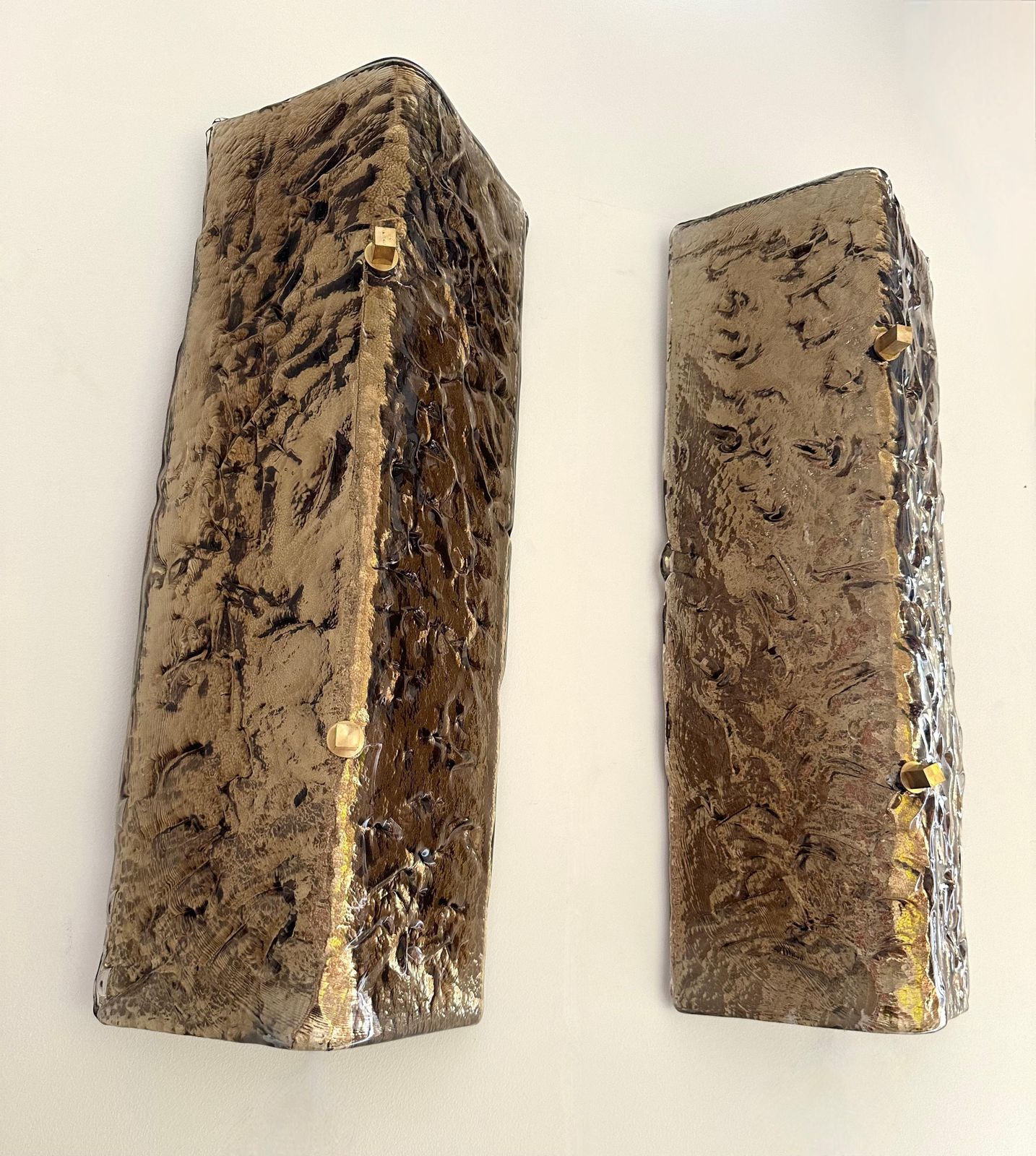 Lighting Contemporary Pair Of Brass And Cola Folded Leaf Murano Glass Sconces, Italy photo