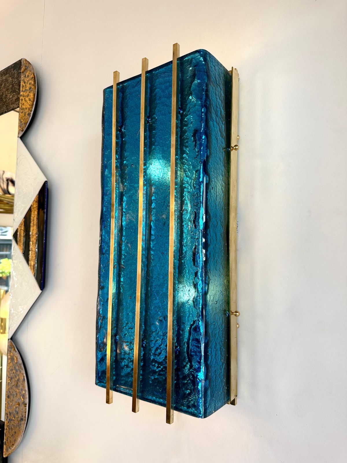 Contemporary Pair Of Brass And Blue Murano Glass Sconces, Italy photo furniture