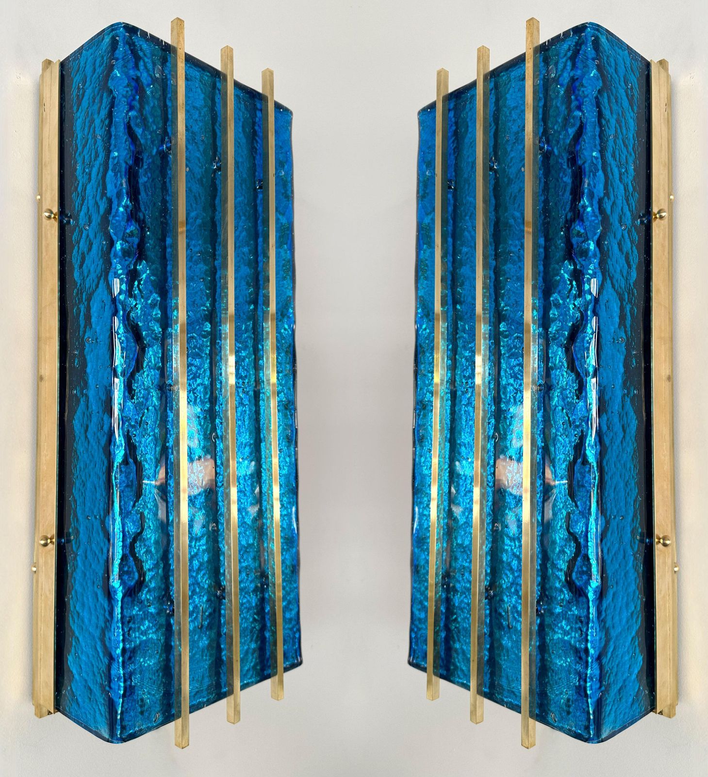 photo furniture Contemporary Pair Of Brass And Blue Murano Glass Sconces, Italy