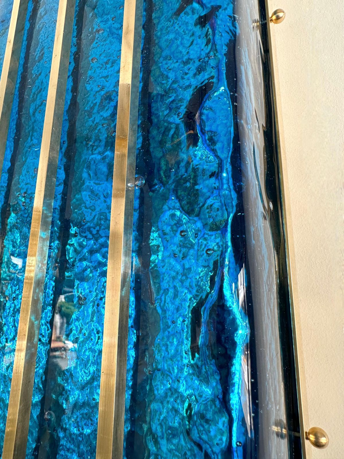 Lighting Contemporary Pair Of Brass And Blue Murano Glass Sconces, Italy photo