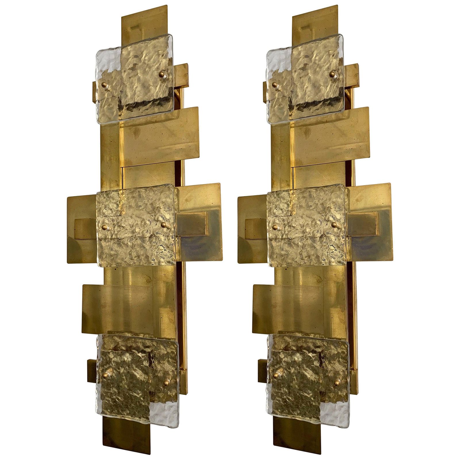 Contemporary Pair Of Brass Sconces Geometrical Murano Glass, Italy