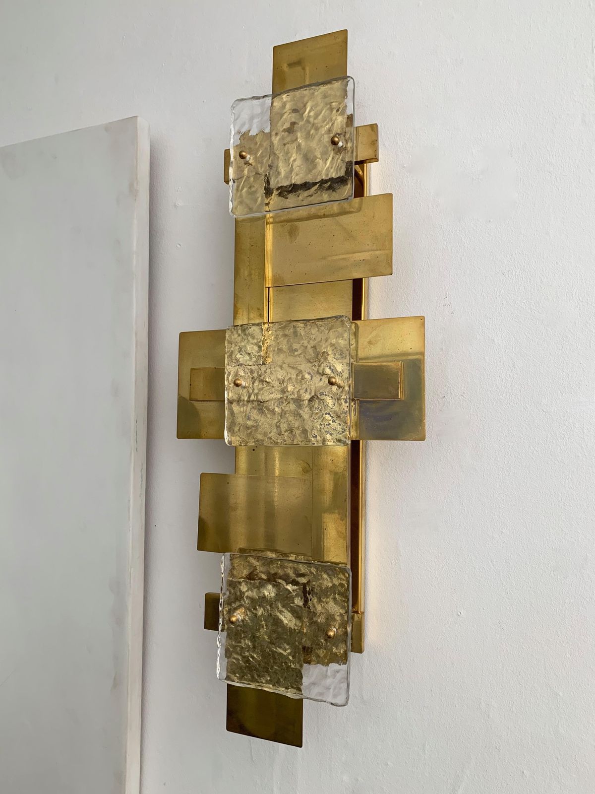 Contemporary Pair Of Brass Sconces Geometrical Murano Glass, Italy photo Lighting