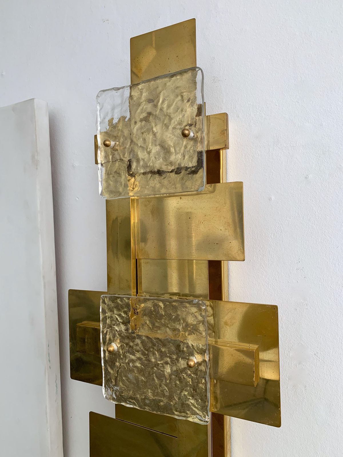 Contemporary Pair Of Brass Sconces Geometrical Murano Glass, Italy photo buy