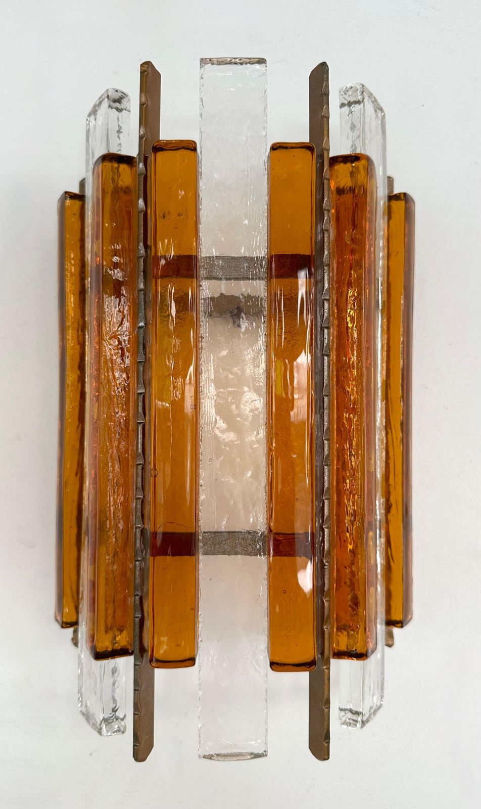 Pair Of Hammered Glass Wrought Iron Sconces By Longobard, Italy, 1970s photo vinterior