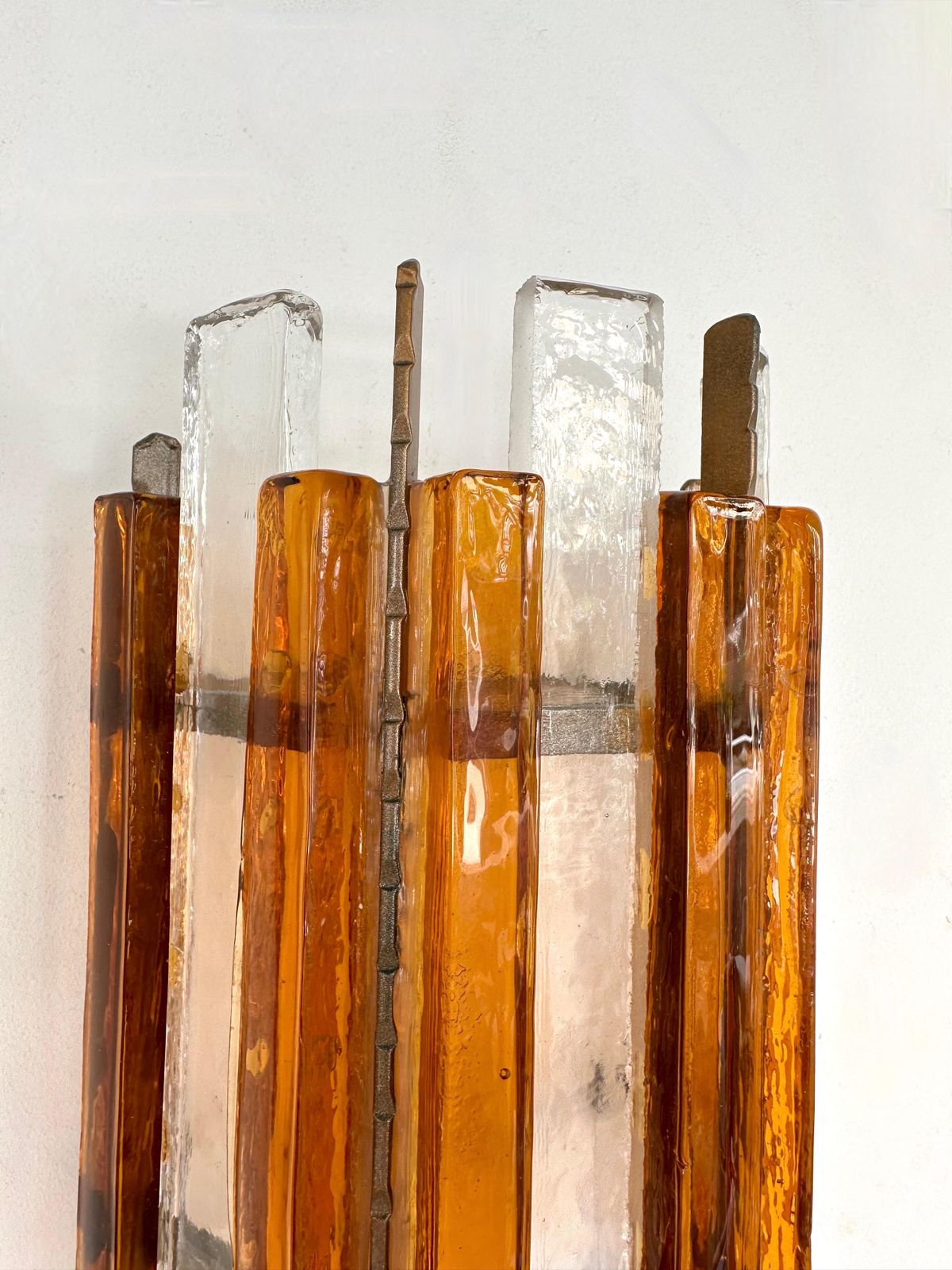 photo for sale Pair Of Hammered Glass Wrought Iron Sconces By Longobard, Italy, 1970s