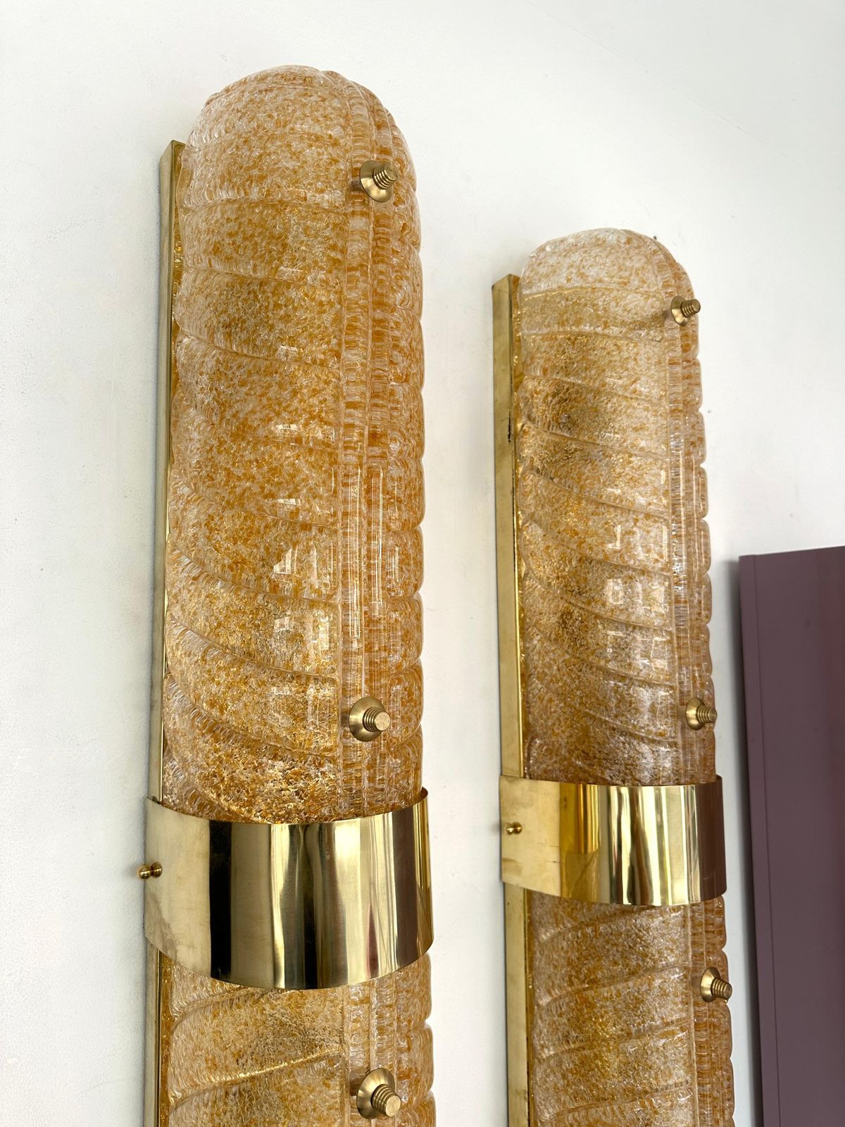 Contemporary Pair Of Brass And Palm Murano Glass Sconces, Italy photo buy