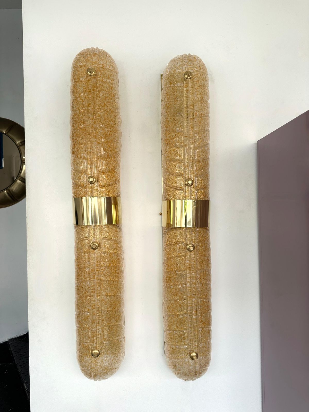 photo for sale Contemporary Pair Of Brass And Palm Murano Glass Sconces, Italy