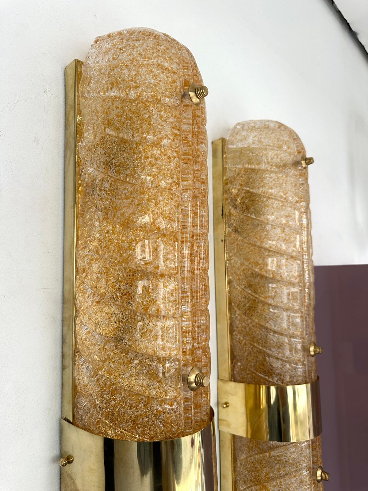 Lighting Contemporary Pair Of Brass And Palm Murano Glass Sconces, Italy photo