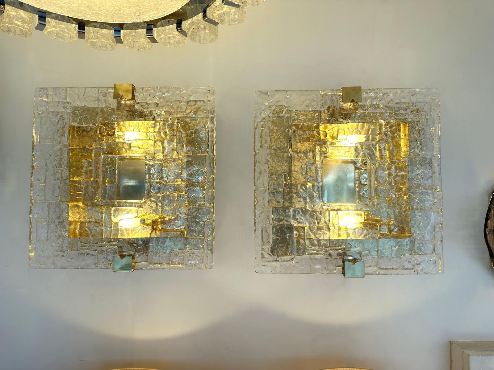 Contemporary Pair Of Sconces Brass And Murano Glass Textured Blade, Italy photo furniture