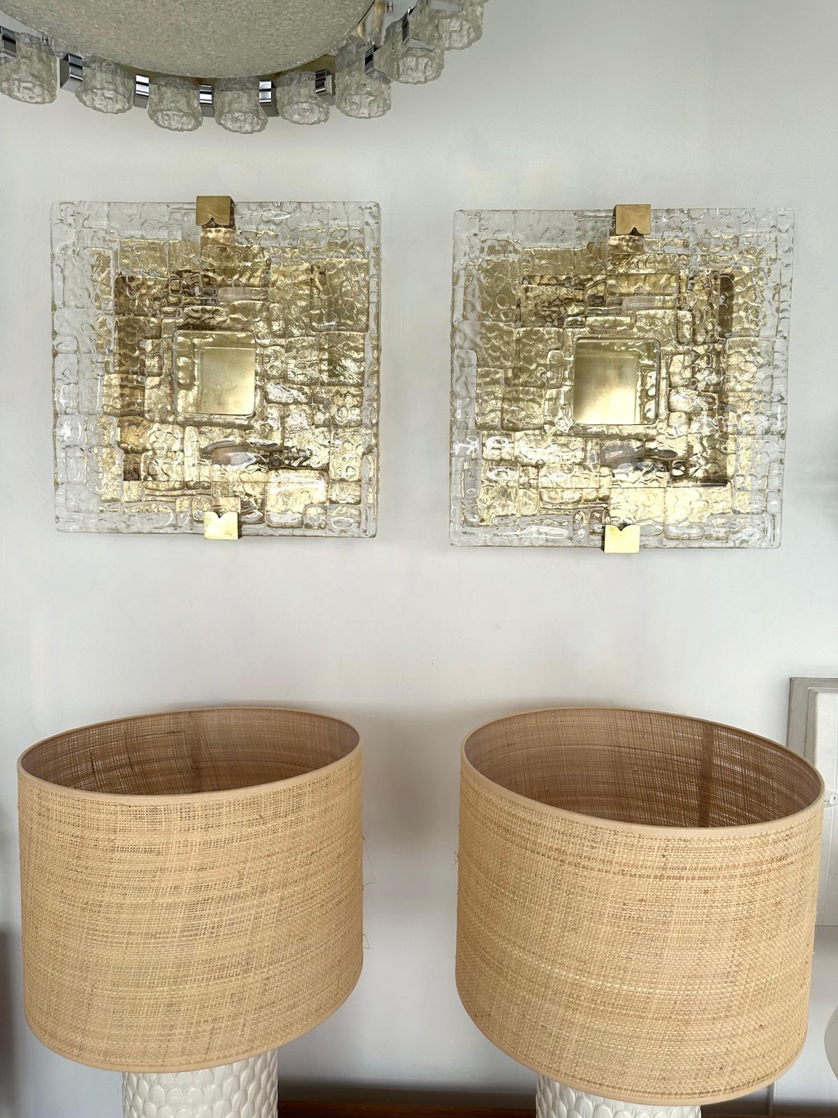 Contemporary Pair Of Sconces Brass And Murano Glass Textured Blade, Italy photo vintage