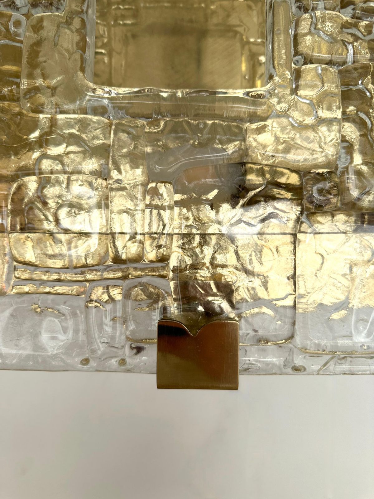 Lighting Contemporary Pair Of Sconces Brass And Murano Glass Textured Blade, Italy photo