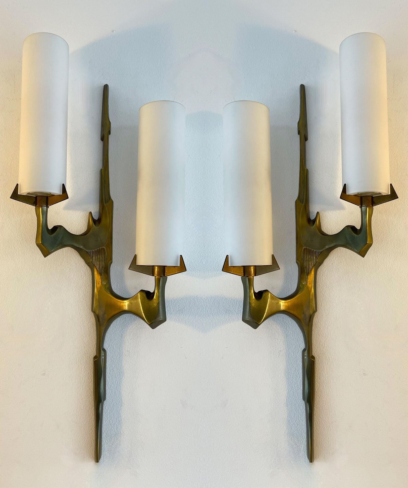 Pair Of Gilt Bronze And Opaline Glass Sconces By Maison Arlus, France, 1960s photo furniture