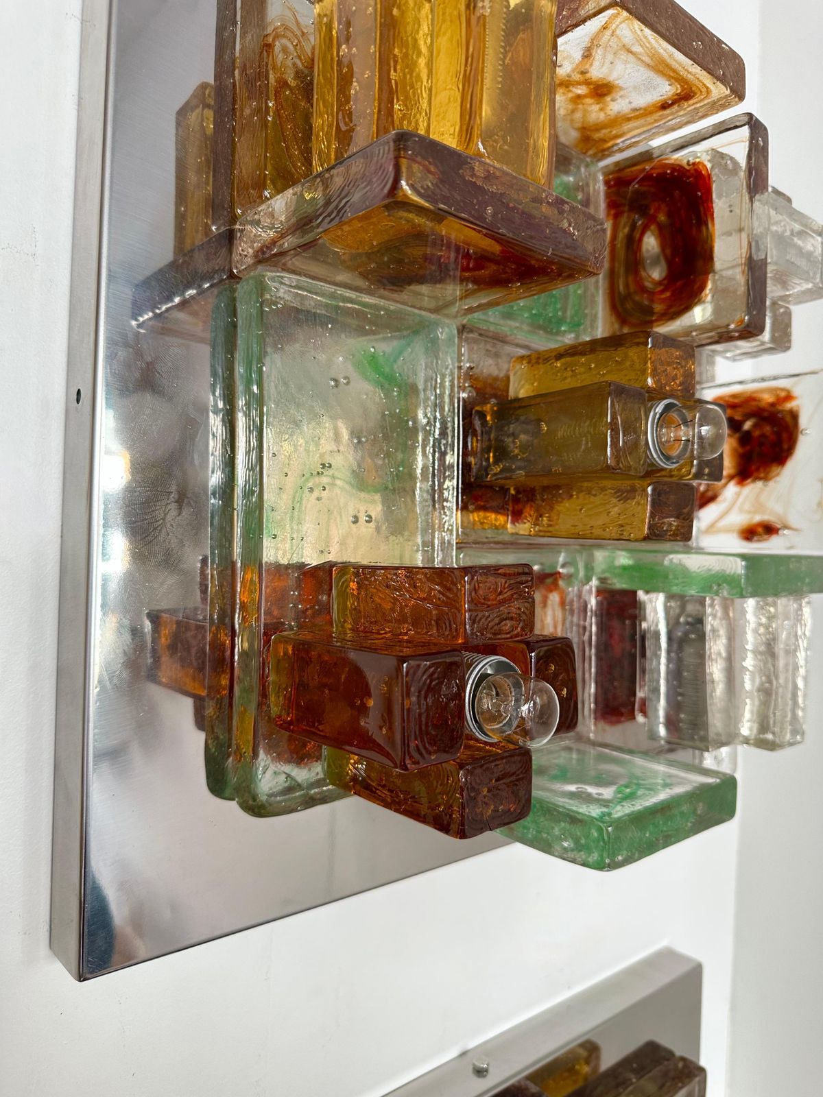 Pair Of Geometry Glass Construction Metal Sconces By Poliarte, Italy, 1970s photo 4960.0