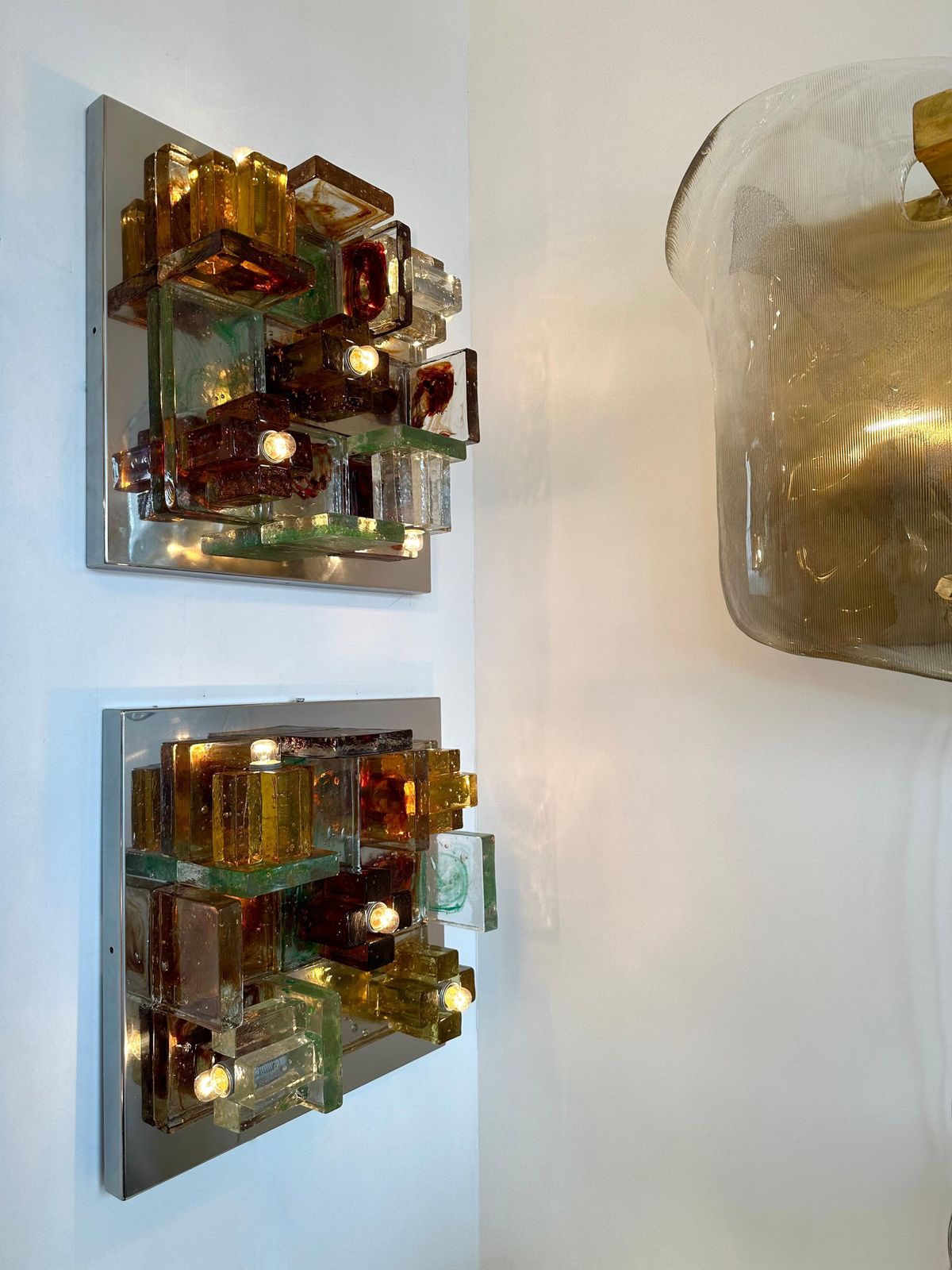 4960.0 Pair Of Geometry Glass Construction Metal Sconces By Poliarte, Italy, 1970s photo