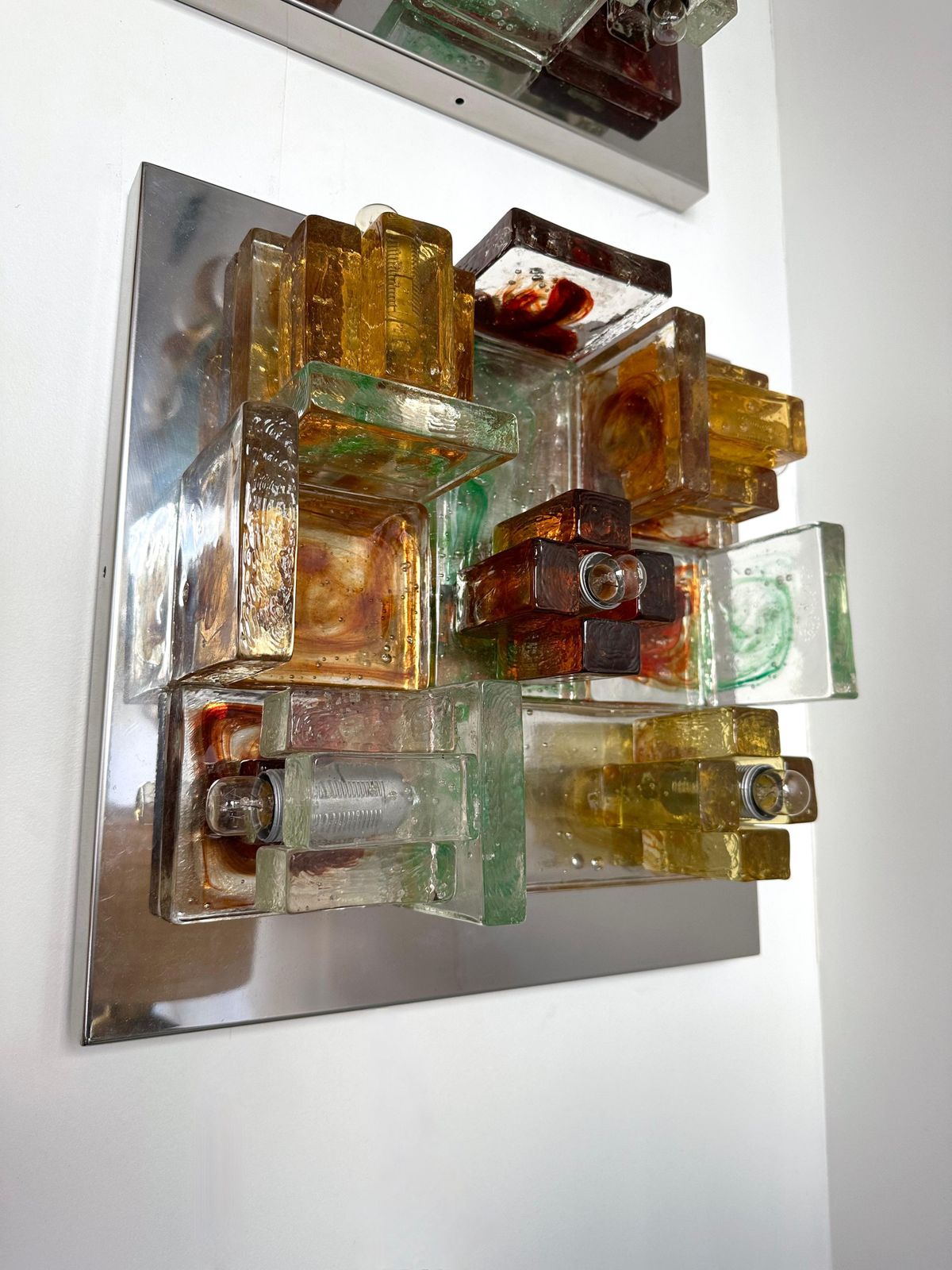 Pair Of Geometry Glass Construction Metal Sconces By Poliarte, Italy, 1970s photo for sale