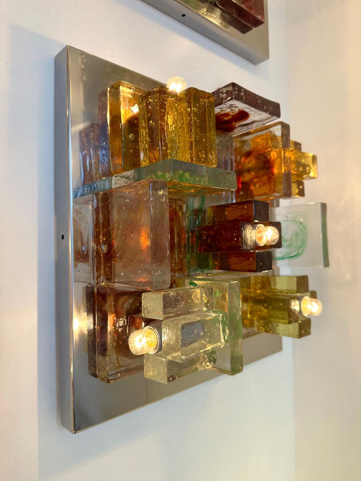 photo vintage Pair Of Geometry Glass Construction Metal Sconces By Poliarte, Italy, 1970s