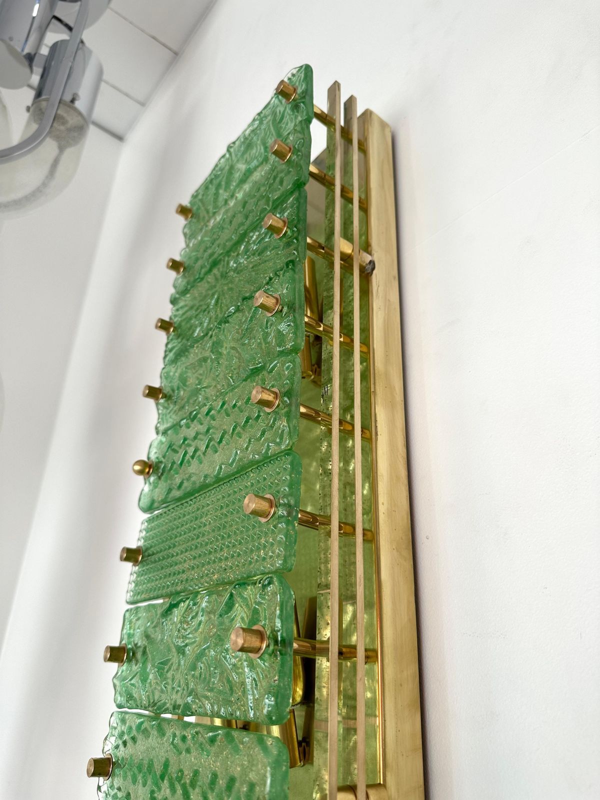 Large Contemporary Pair Of Brass Green Gold Leaf Murano Glass Sconces, Italy photo furniture