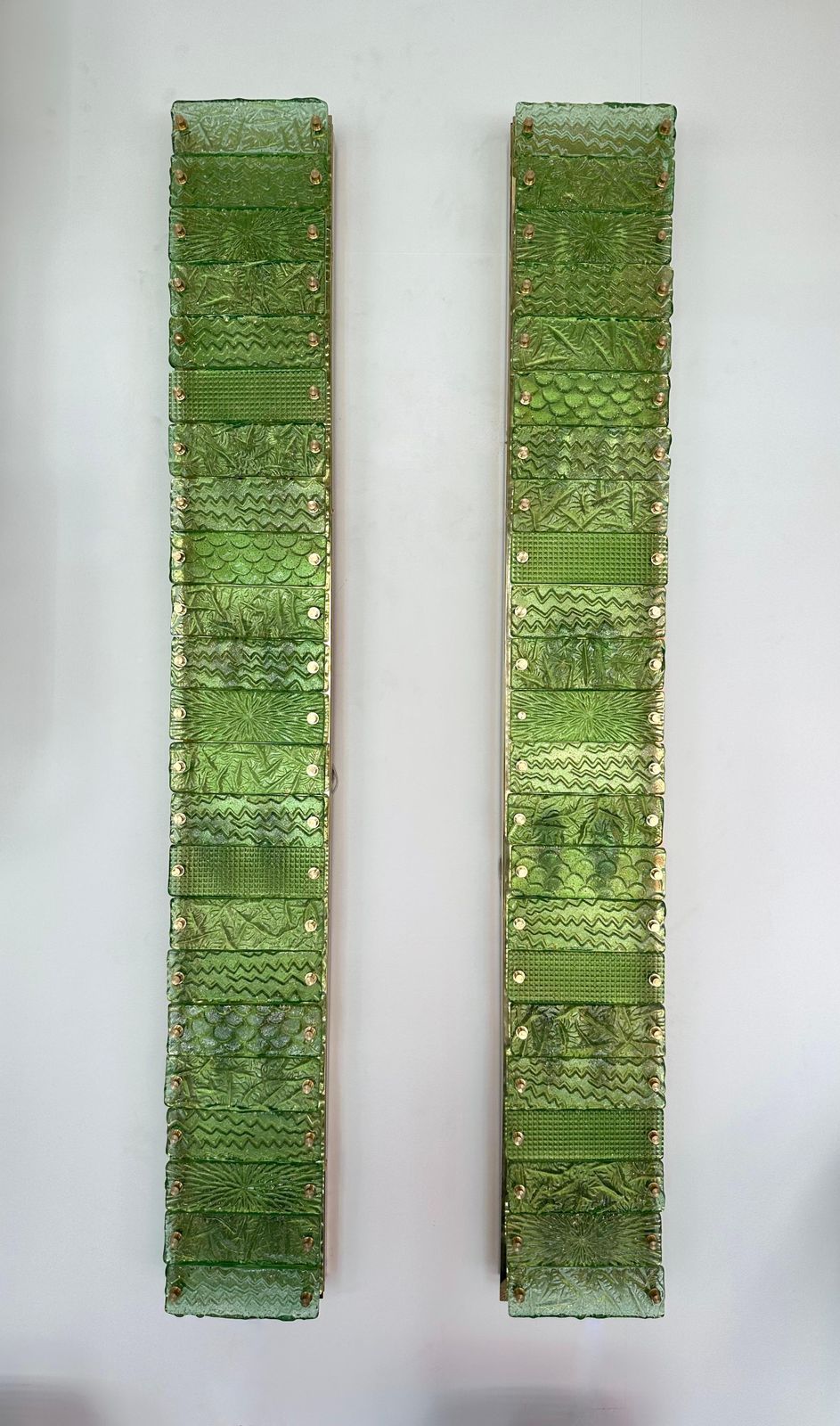 Large Contemporary Pair Of Brass Green Gold Leaf Murano Glass Sconces, Italy photo Lighting