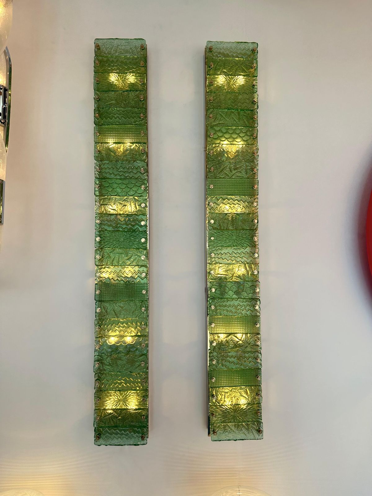 photo vinterior Large Contemporary Pair Of Brass Green Gold Leaf Murano Glass Sconces, Italy