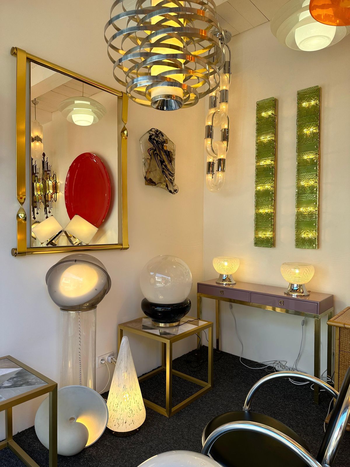 photo buy Large Contemporary Pair Of Brass Green Gold Leaf Murano Glass Sconces, Italy
