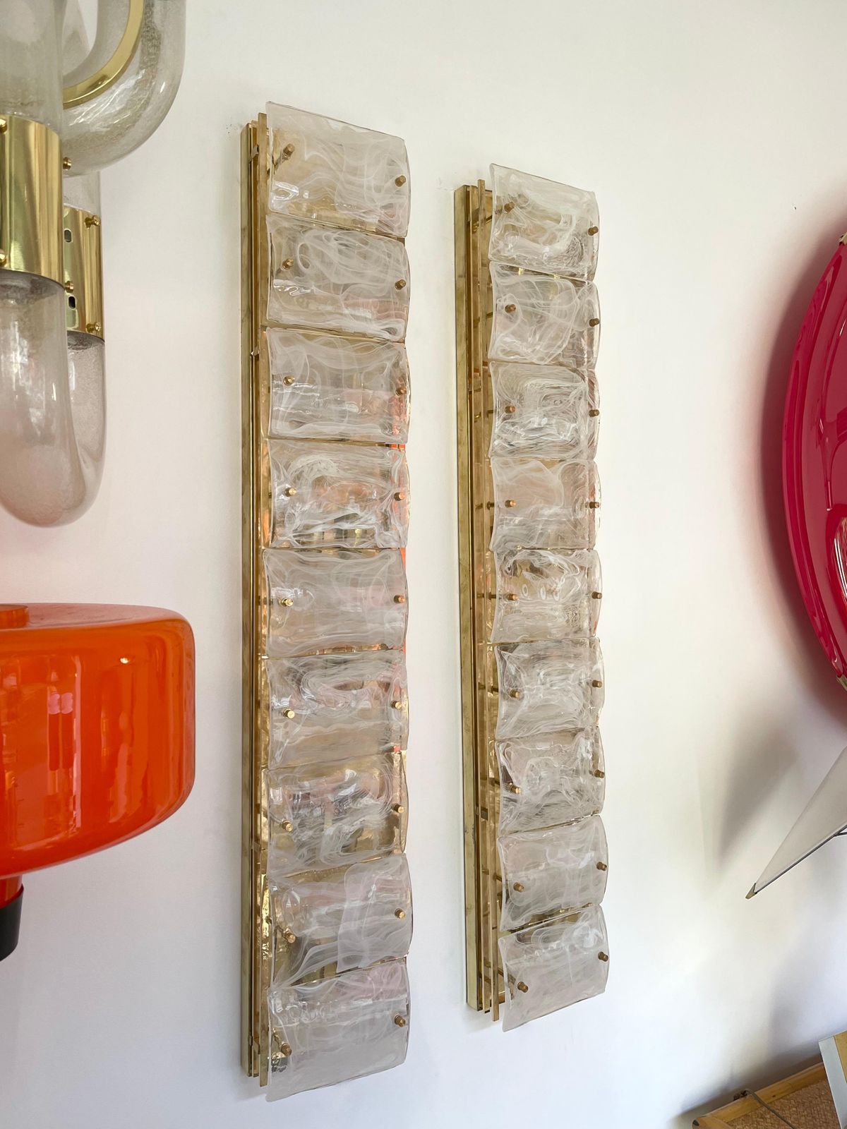 Large Contemporary Pair Of Brass And White Penerello Murano Glass Sconces, Italy photo 6585.0