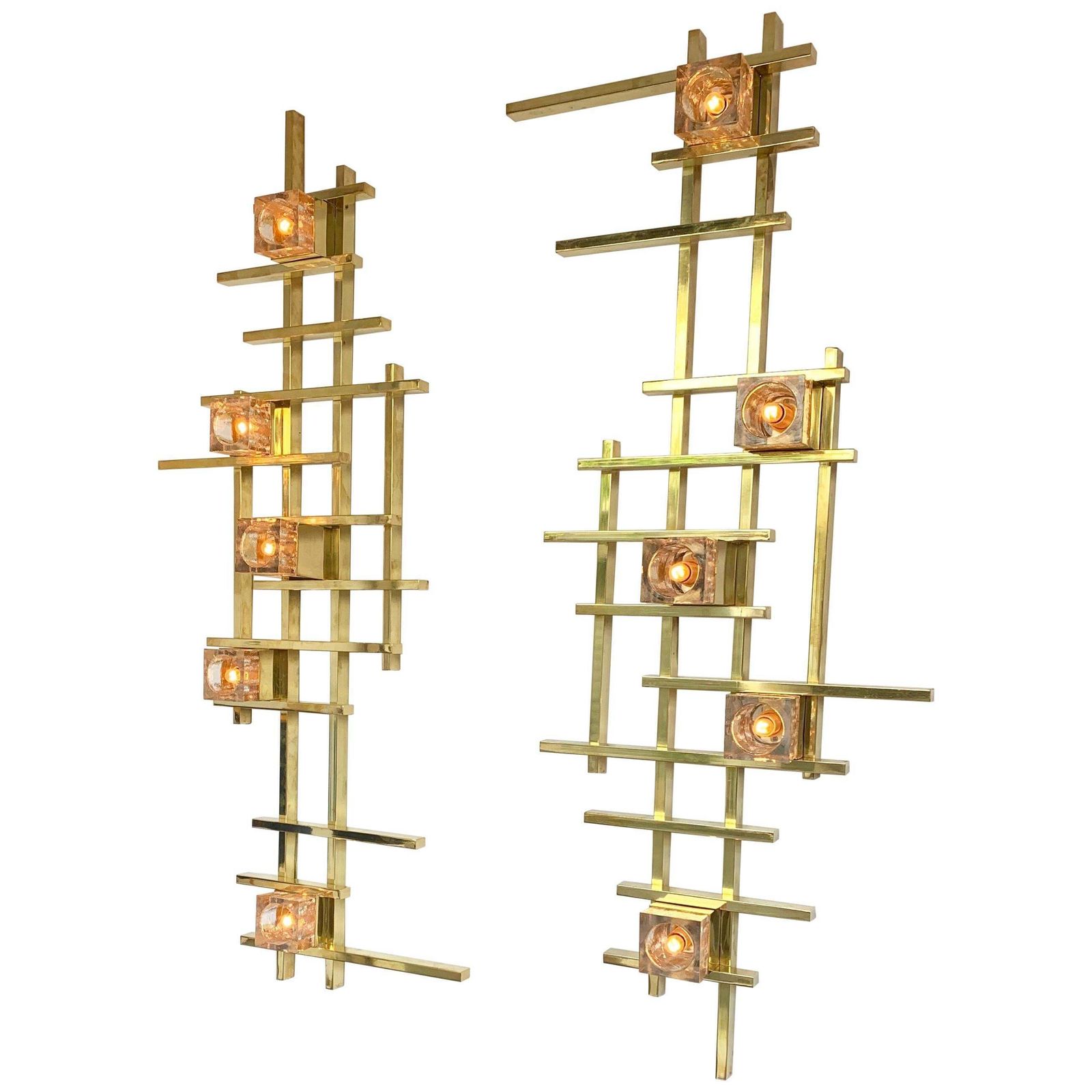 Pair Of Contemporary Brass Murano Glass Cubic Sconces, Italy