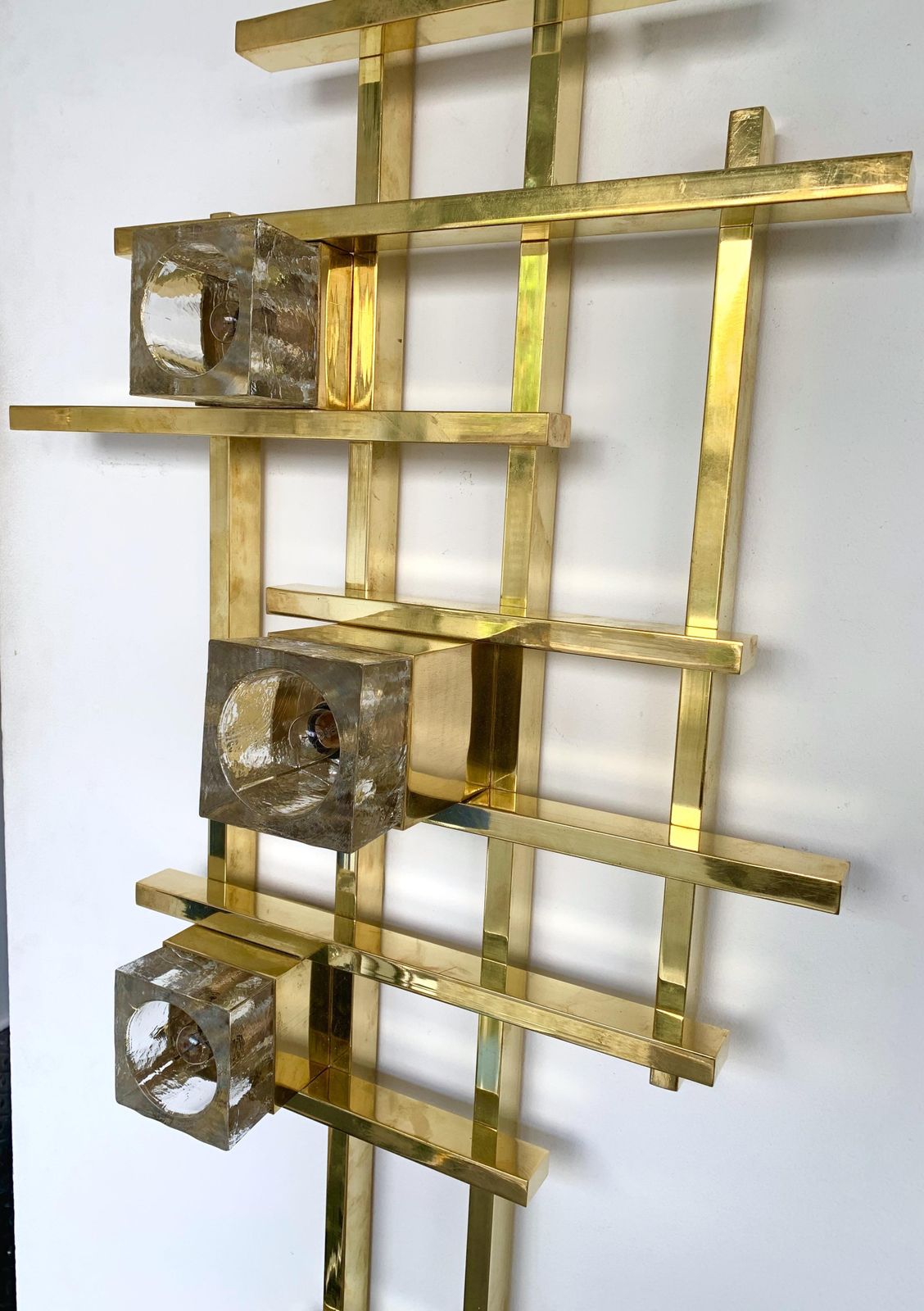 Pair Of Contemporary Brass Murano Glass Cubic Sconces, Italy photo 6842.0