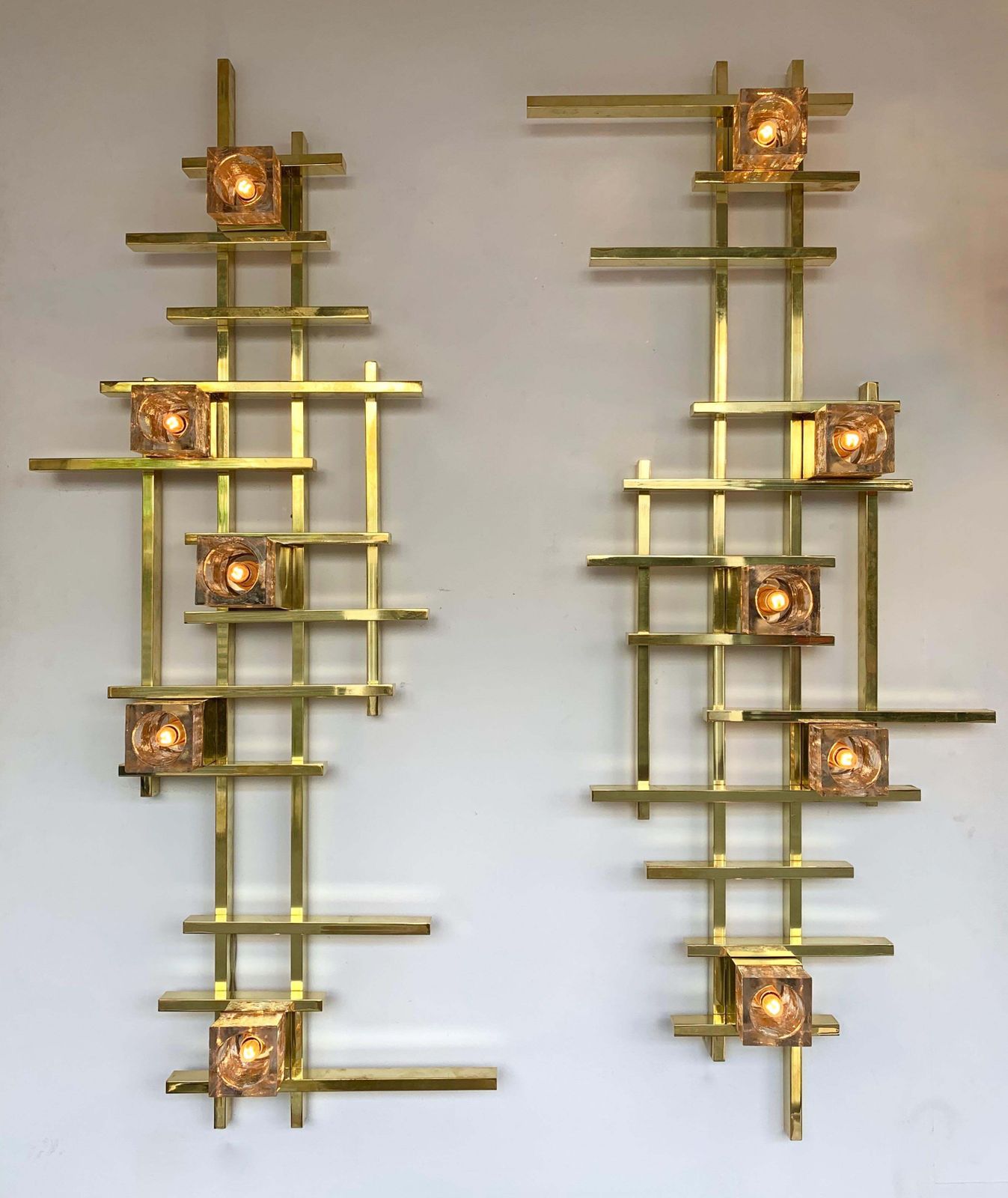 Pair Of Contemporary Brass Murano Glass Cubic Sconces, Italy photo buy