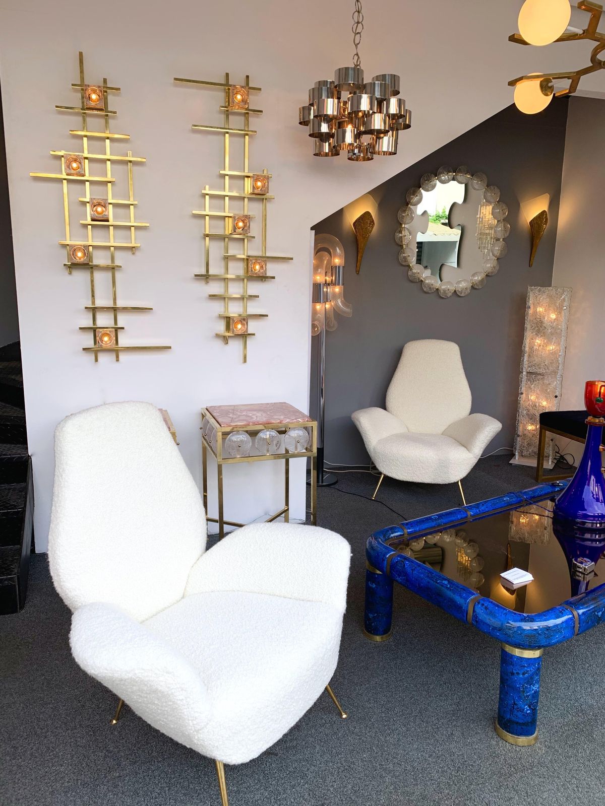 photo for sale Pair Of Contemporary Brass Murano Glass Cubic Sconces, Italy
