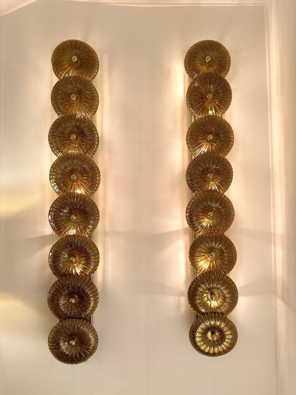 Large Contemporary Pair Of Brass Gold Leaf Murano Glass Sconces, Italy photo for sale