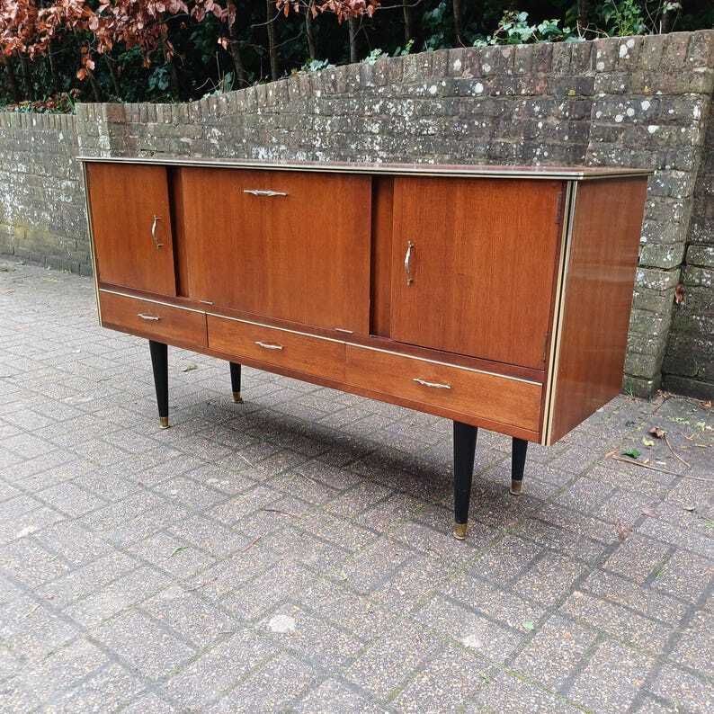 Mid Century Vintage Retro French Cocktail Sideboard With Illuminated Bar Section photo 595.0