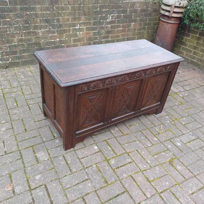 Huge Classic Antique Vintage Old English Oak Mid 19th Century Oak Trunk Or Coffer Free Hand Delivery photo furniture